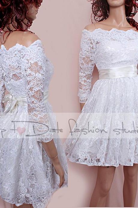 Lace short Plus Size/reception/ wedding dress /Off-Shoulder Custom Made/ ,3/4 Sleeves Bridal Gown