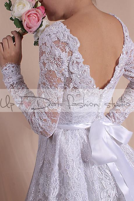 Lace short Wedding dress /short romantic dress/ with Sleeves Bridal Gown /open back