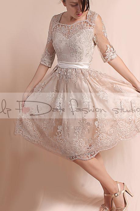 Lace Plus Size /reception/ ekryu knee length/ wedding party /3/4 sleeves/ Bridal Gown