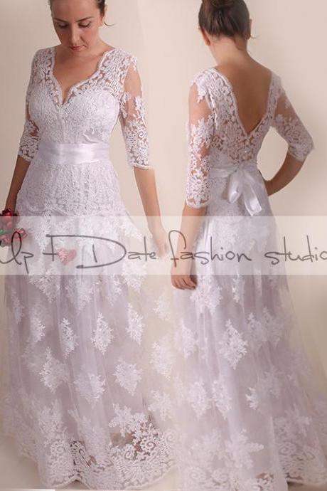 Lace Wedding dress/ Vneck front&back/Recepion/ long /mаxi/ lace dress/ Bridal Gown 3/4 sleeve