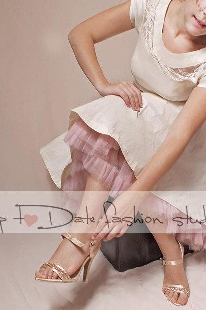 Wedding short /reception/ ivory taffeta /party /prom /graduation/ dress+blush pink petticoat