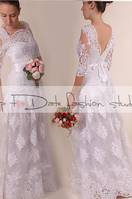 Lace Plus Size /Vneck bаck /long wedding party/reception dress / Bridal Gown 3/4 sleeve
