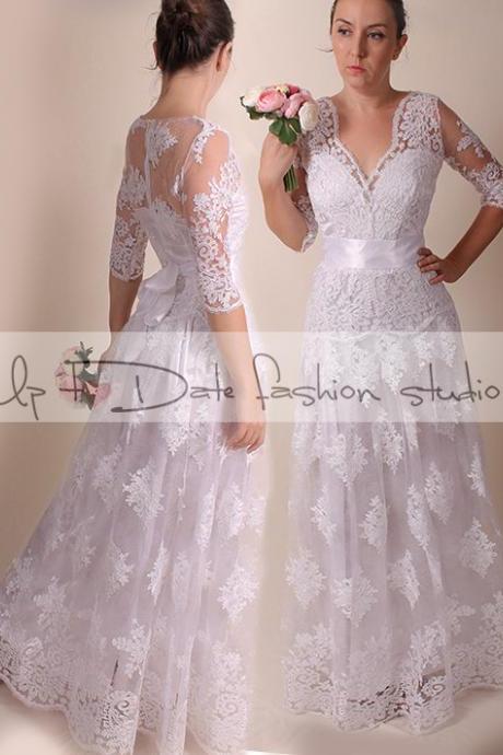 Lace Plus Size /V neck front//long/ mаxi wedding party/reception dress / Bridal Gown 3/4 sleeve