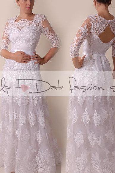 Lace Wedding dress / Portrait back /Aline mаxi dress/ Bridal Gown 3/4 sleeve