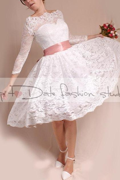 Off-Shoulder/Short wedding romantic lace dresses /Custom Made/ 3/4 Sleeves Bridal Gown
