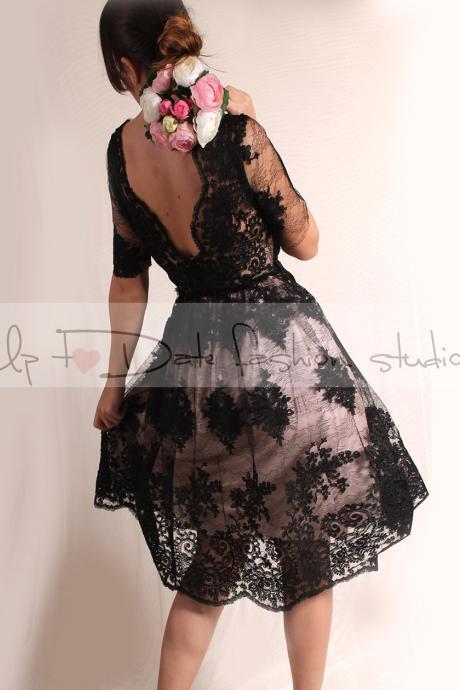 Little black lace dress / Evening / Party / Cocktail / 3/4 Sleeves/romantic dress V back