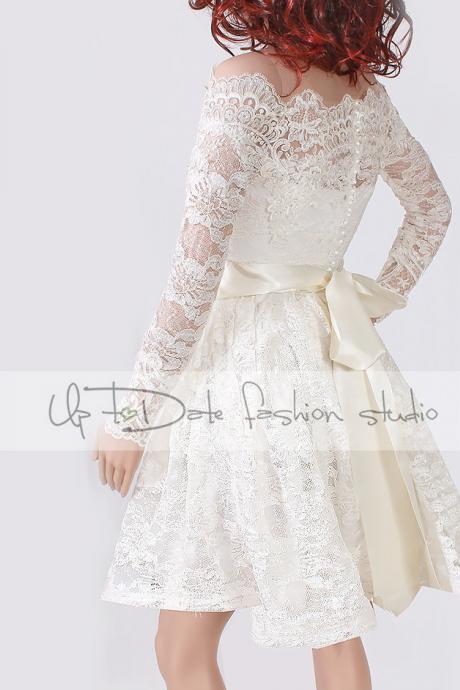 Lace short Plus Size/reception/ wedding dress /Off-Shoulder Custom Made/ ,3/4 Sleeves Bridal Gown