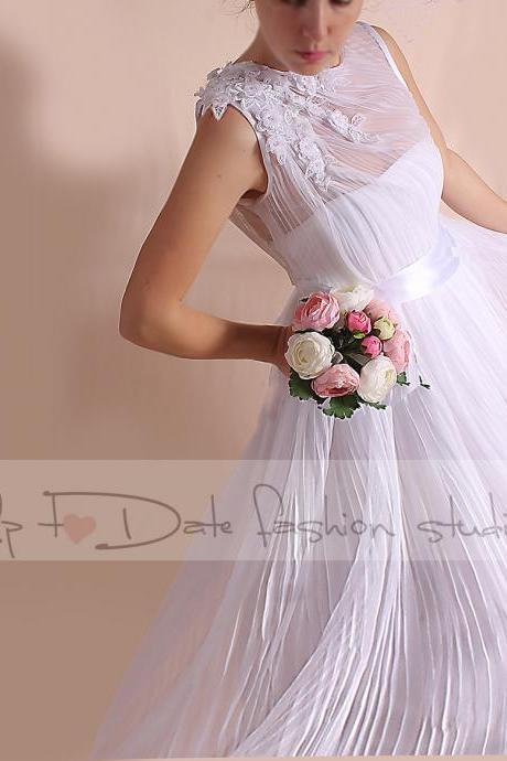 Unique/draped tulle/Wedding /bridal gown/ floral lace applique /long A-line dress