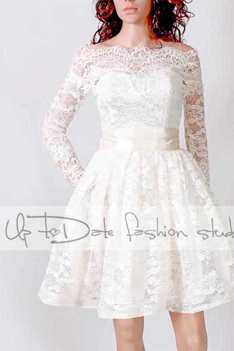Lace Short/ Off-Shoulder /Custom Made / wedding / reception dress / 3/4 Sleeves/ Bridal Gown