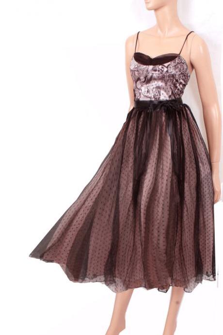 Tea length Little Black Satin Lace/ Satin / tulle Dress