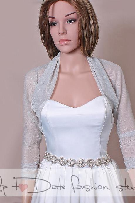 Light gray bridal tulle lurex bolero /jacket / long sleeves wedding gown/cover up