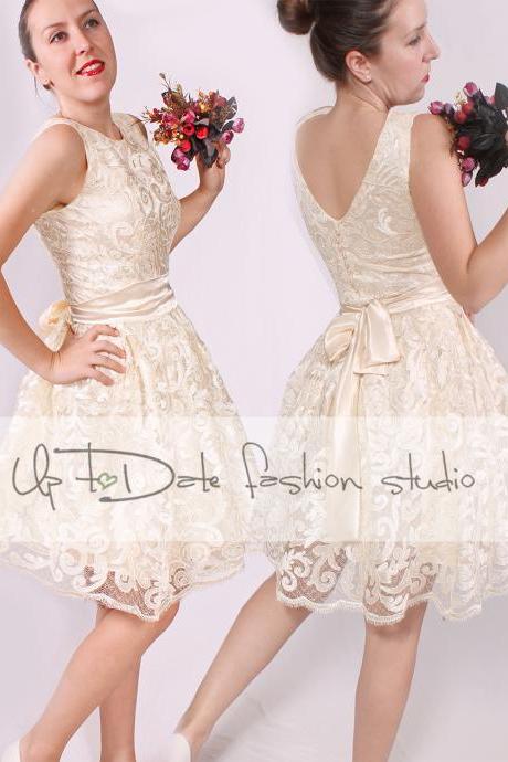 Plus Size short party/ lace sleeveless cocktail dress/ bridesmaid dress/ ivory evening /dress