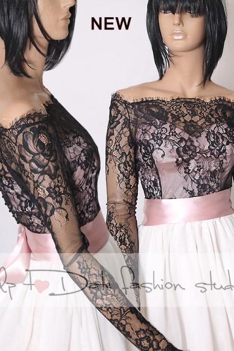 Plus size Off-Shoulder black wedding bolero/ French Chantilly Lace /bridal shrug /jacket long sleeve