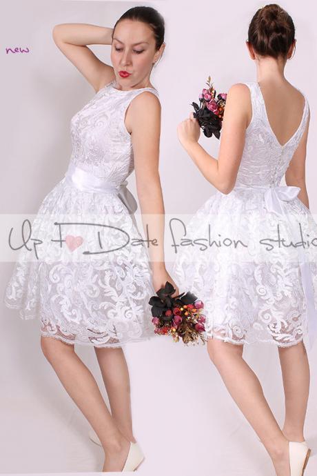 Wedding/short sleeveless lace dress/evening/reception /elegant white romantic dress
