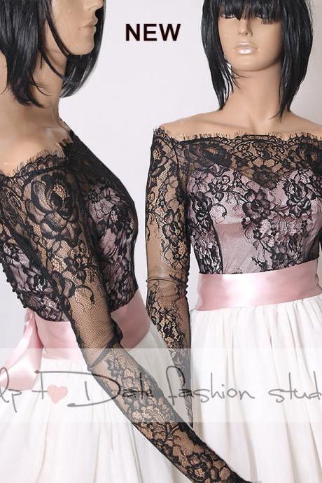 Off-Shoulder black wedding bolero/ French Chantilly Lace style /bridal shrug /jacket long sleeve