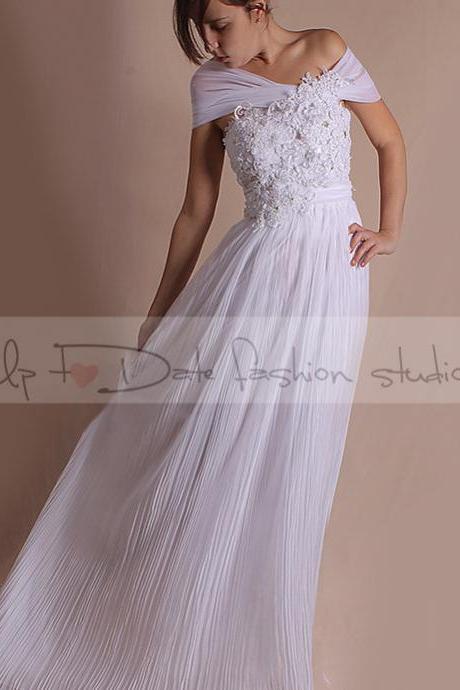 Wedding Off-Shoulder/ Unique / floral lace applique dress/ draped tulle long A-line dress/CUSTOM Made