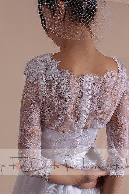 Wedding romantic dress/ with Sleeves/ Beaded lace applique/A line skirt