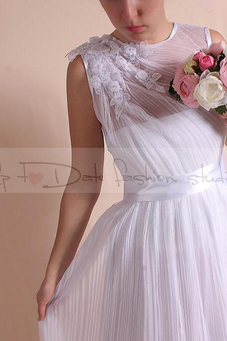 Unique/Plus Size/ floral lace applique dress/wedding / bridal draped tulle long A-line dress/Custom Made