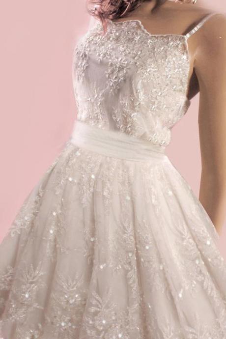 Unique/Short /wedding /beading lace dress /reception A-Line dress embroidered with delicate beads and sequins