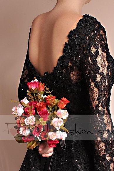 Lace short/ black /Wedding party /reception/ dress / long Sleeves/ Bridal Gown