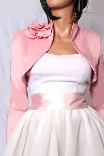 Plus Size peach pink taffeta bridal shrug / long sleeve / wedding / bridesmaid/ bolero