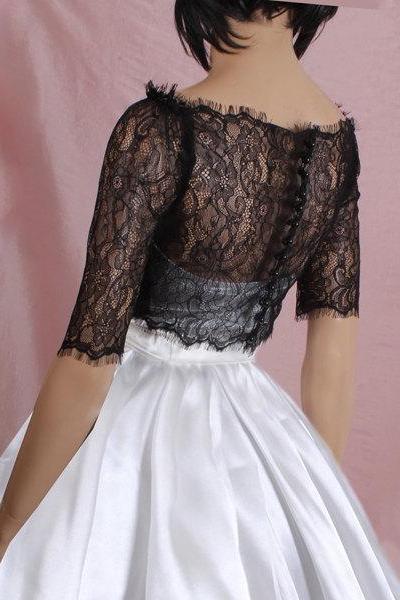 Off-Shoulder black/ ivory /white/wedding bolero/chantilly lace style /bridal shrug /jacket 3/4 sleeve
