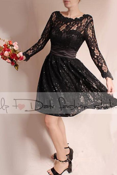 Plus Size Little black lace mini dress /Evening /Party /Cocktail /long Sleeves /romantic dress