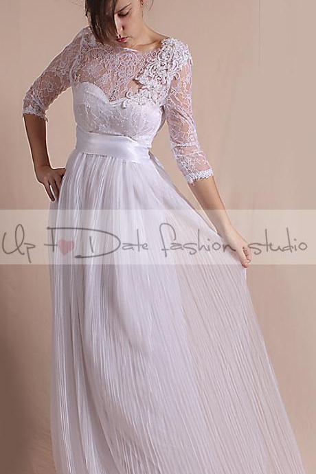 Plus Size Wedding dress/ 3/4 Sleeves/ with Sequins Flower Beaded Applique