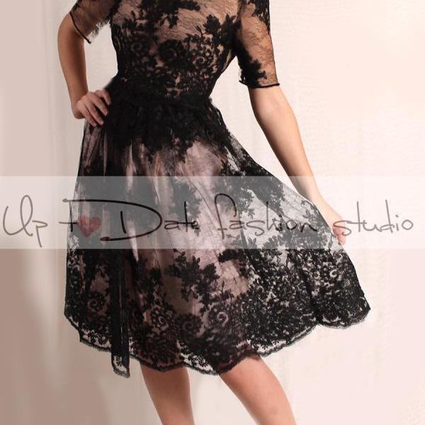 Wedding party black /knee length /lace dress/ 3/4 Sleeves /open back/ Bridal Gown
