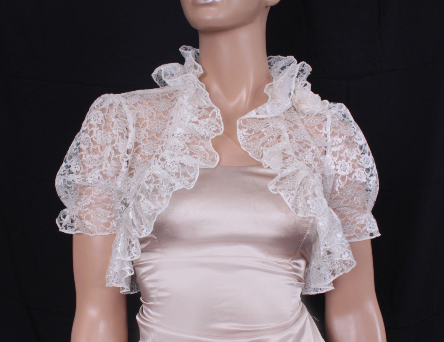 Bridal Cream White Lace Fluffy Ruffles Shrug Jacket Wedding Bolero on
