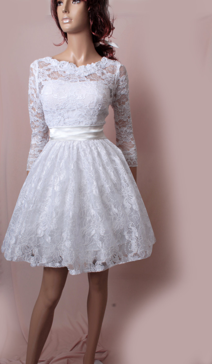 Wedding Short Lace Dress/ 3/4 Sleeves Bridal Gown on Luulla