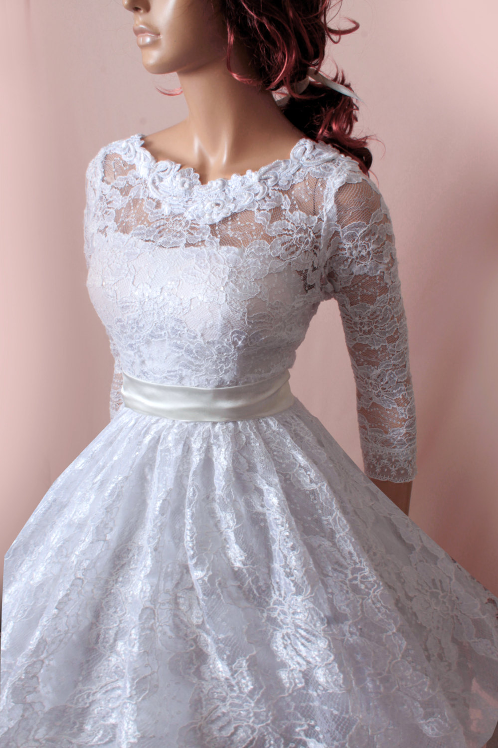 Wedding Short Lace Dress/ 3/4 Sleeves Bridal Gown on Luulla