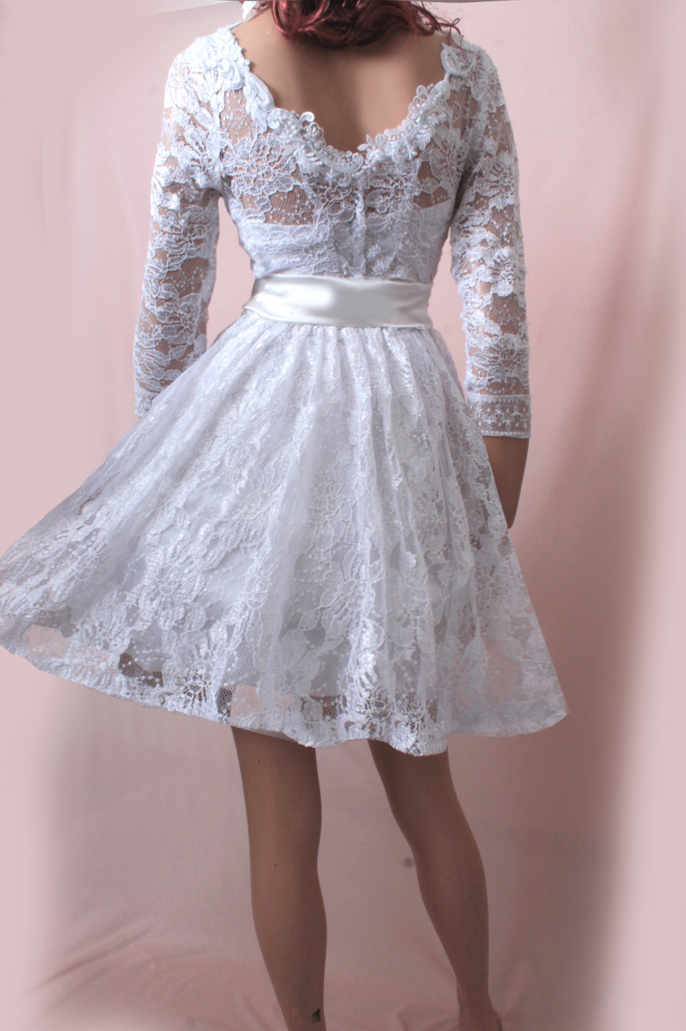 Wedding Short Lace Dress/ 3/4 Sleeves Bridal Gown on Luulla